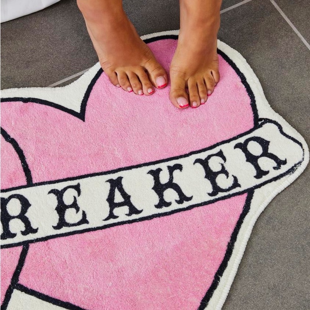 Dolls Kill Pink Heart Rug with Black Text
